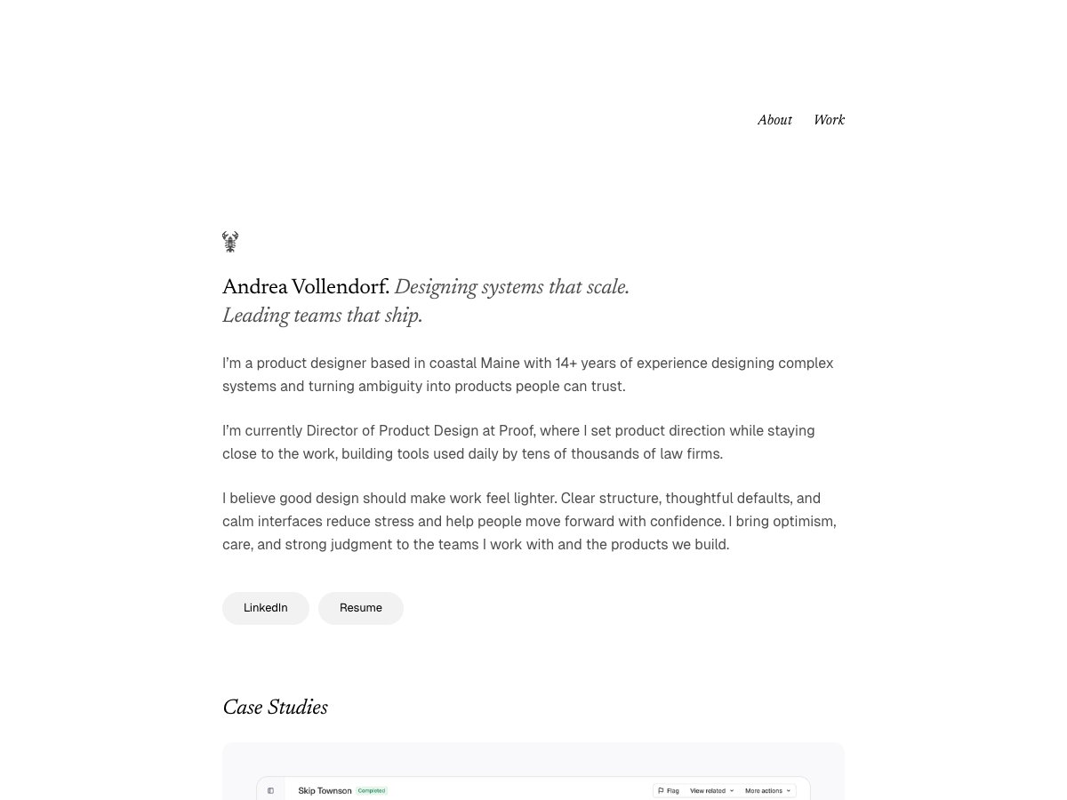 Andrea Vollendorf - Director of Product Design at Proof portfolio website screenshot 2026