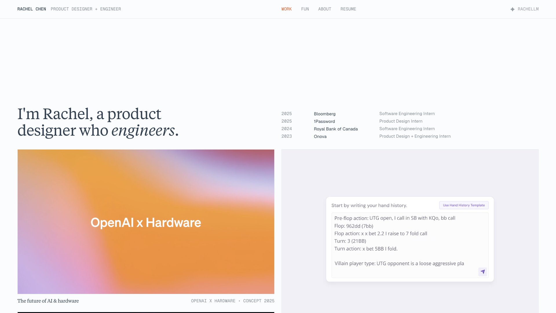 Rachel Chen - Product Designer portfolio website screenshot 2026