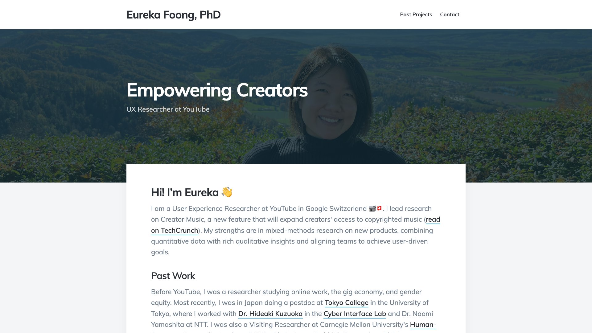 Eureka Foong - UX Researcher at YouTube/Google portfolio website screenshot 2026