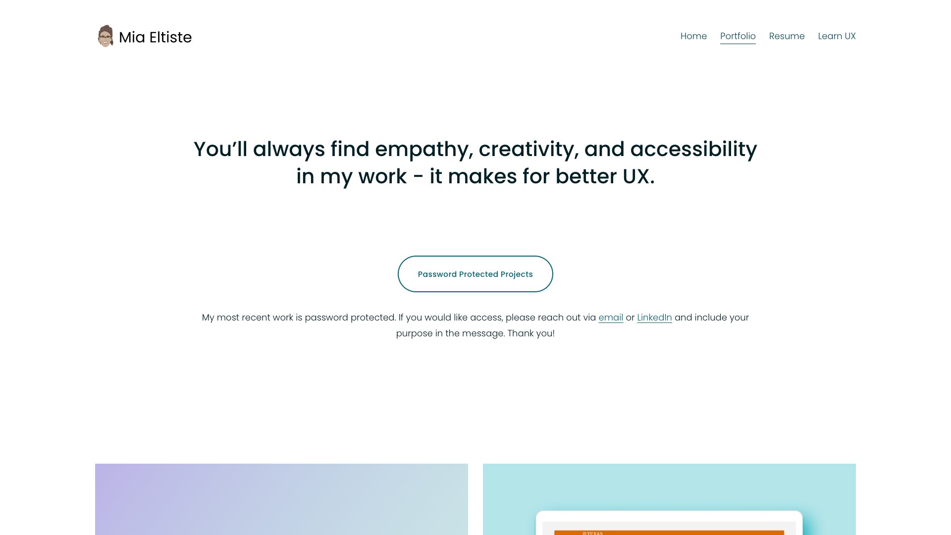 Mia Eltiste - UX Researcher portfolio website screenshot 2026
