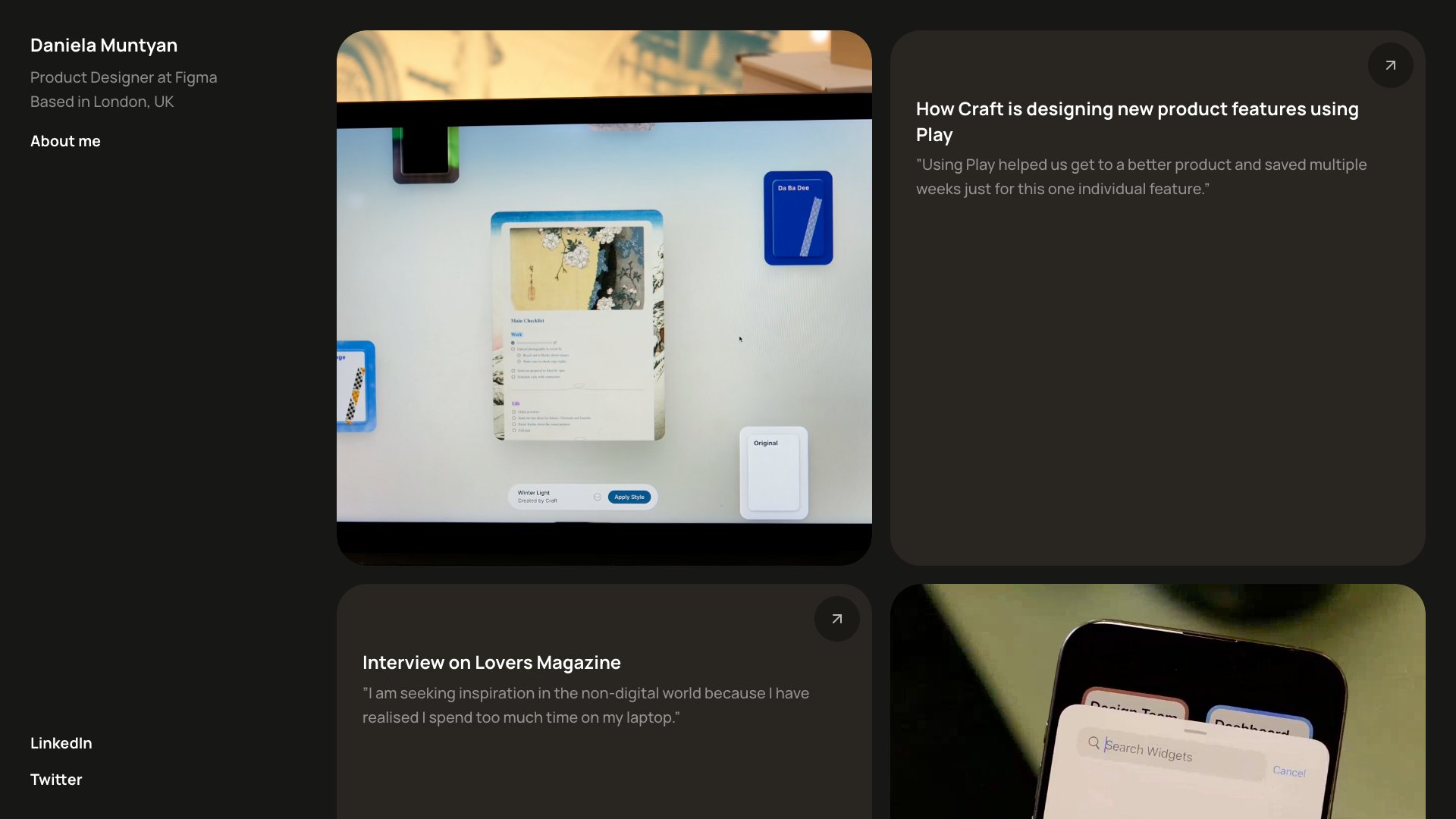Daniela Muntyan - Product Designer at Figma portfolio website screenshot 2026