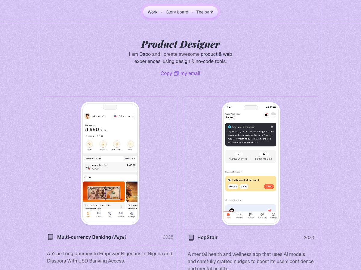Oladapo Awosika - Product Designer at Paga portfolio website screenshot 2026