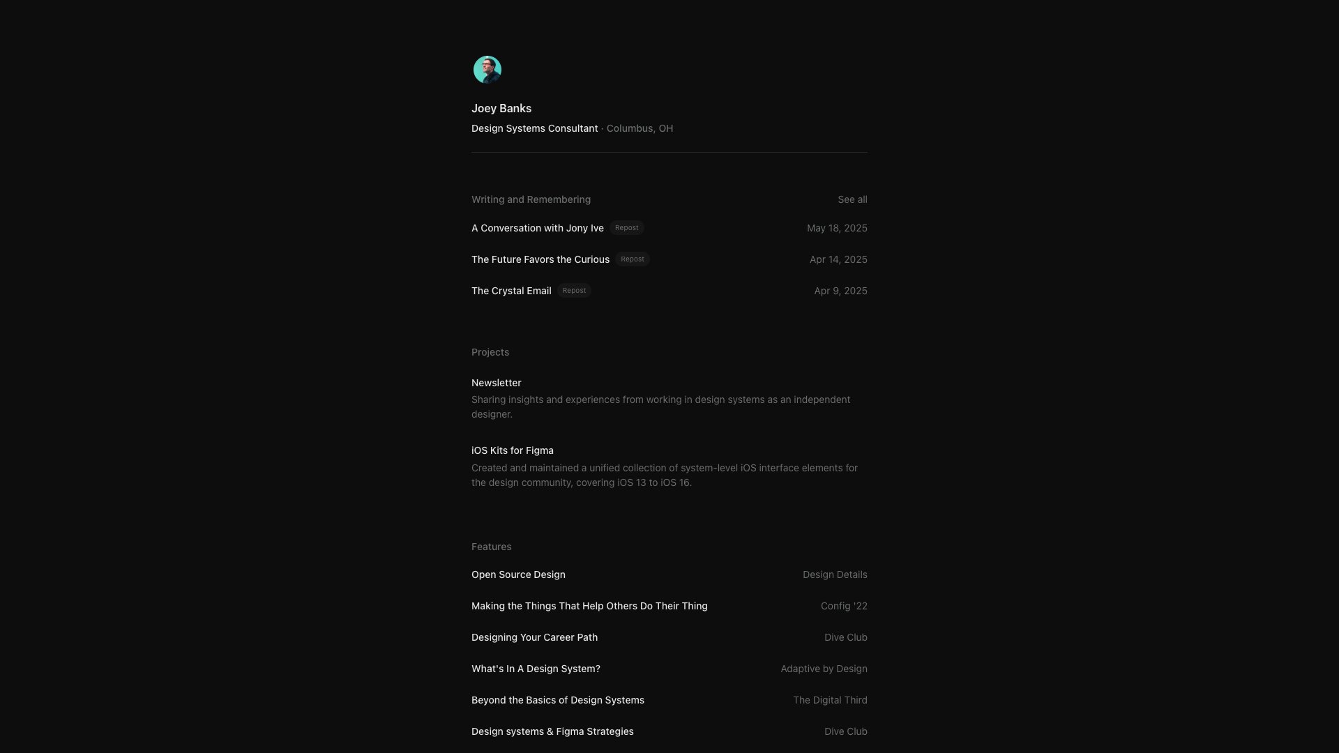 Joey Banks - Design Systems at Baseline portfolio website screenshot 2026