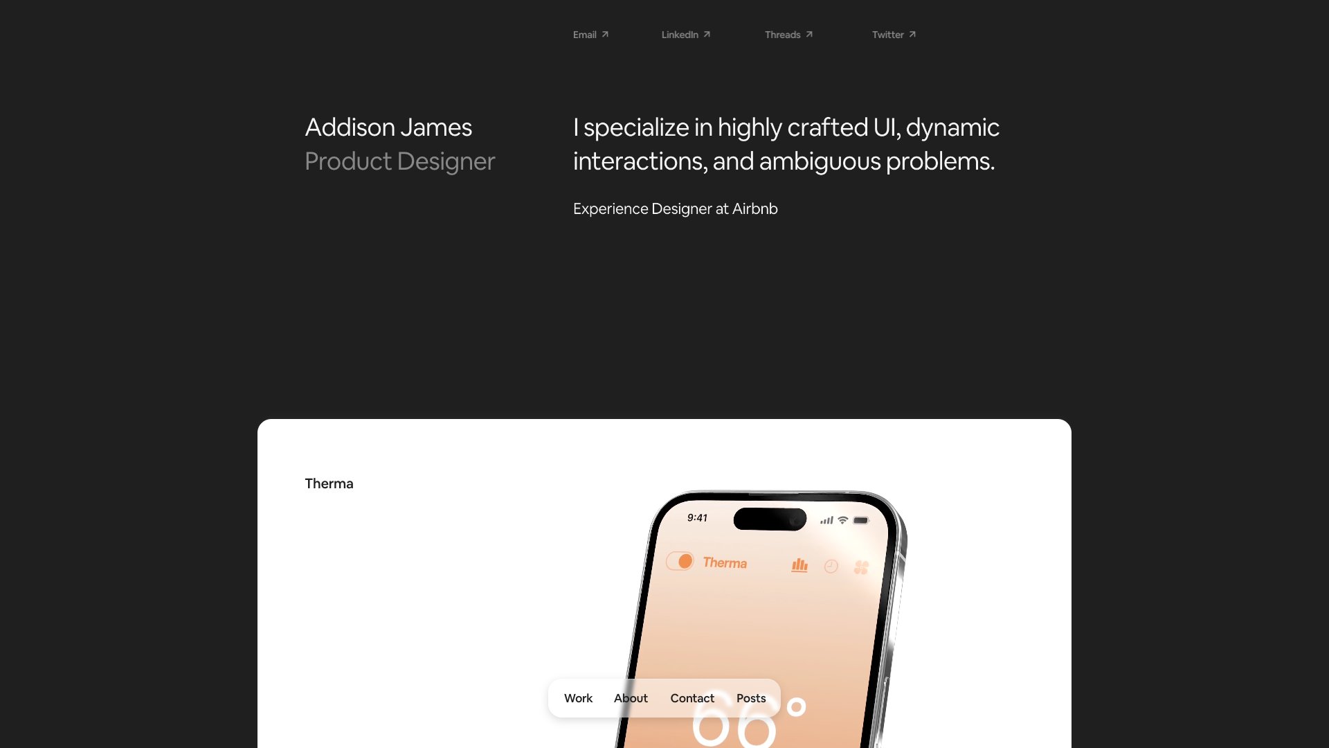 Addison James - Experience Designer at Airbnb portfolio website screenshot 2026