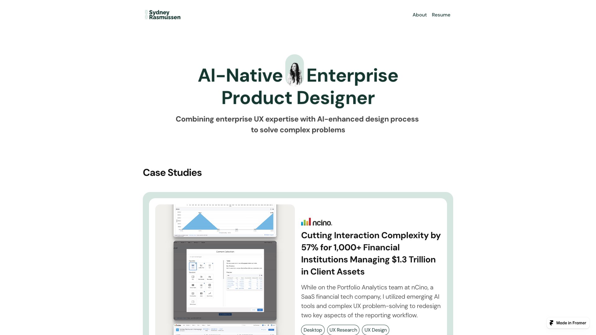 Sydney Rasmussen - Product Designer portfolio website screenshot 2026