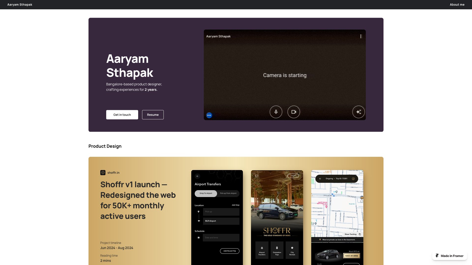 Aaryam Sthapak - Designer portfolio website screenshot 2026