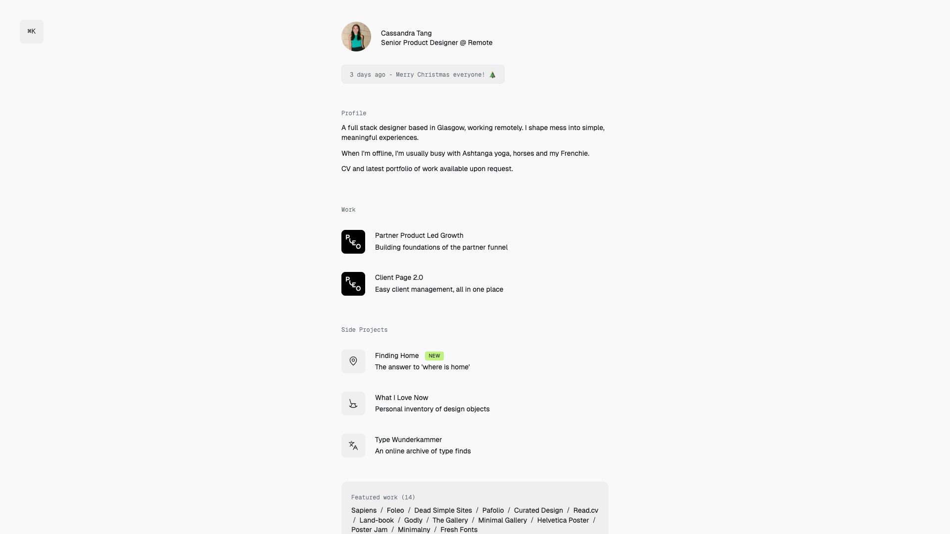 Cassandra Tang - Designer portfolio website screenshot 2026