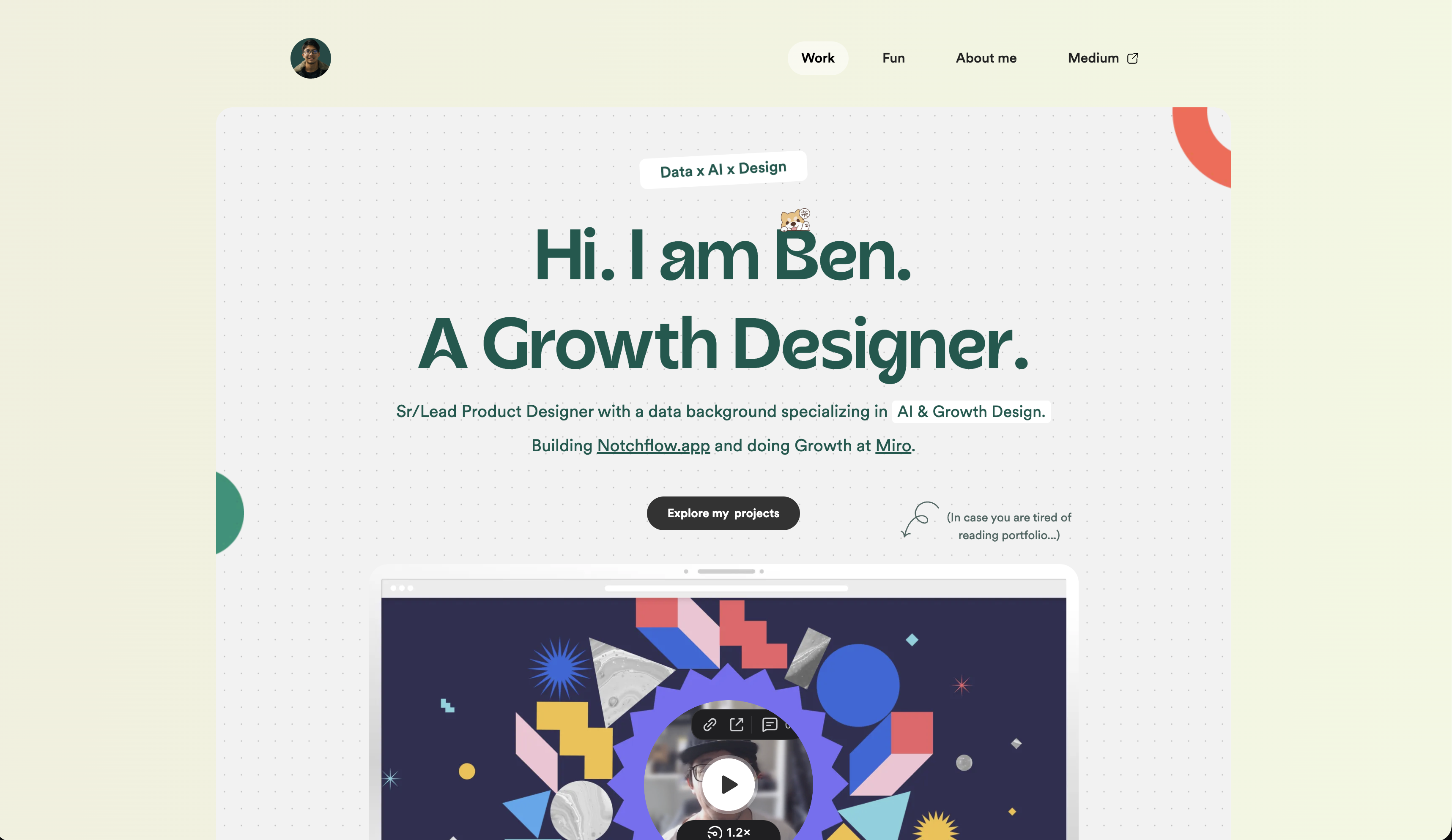 Ben Shih - Senior Growth Designer at Miro portfolio website screenshot 2026