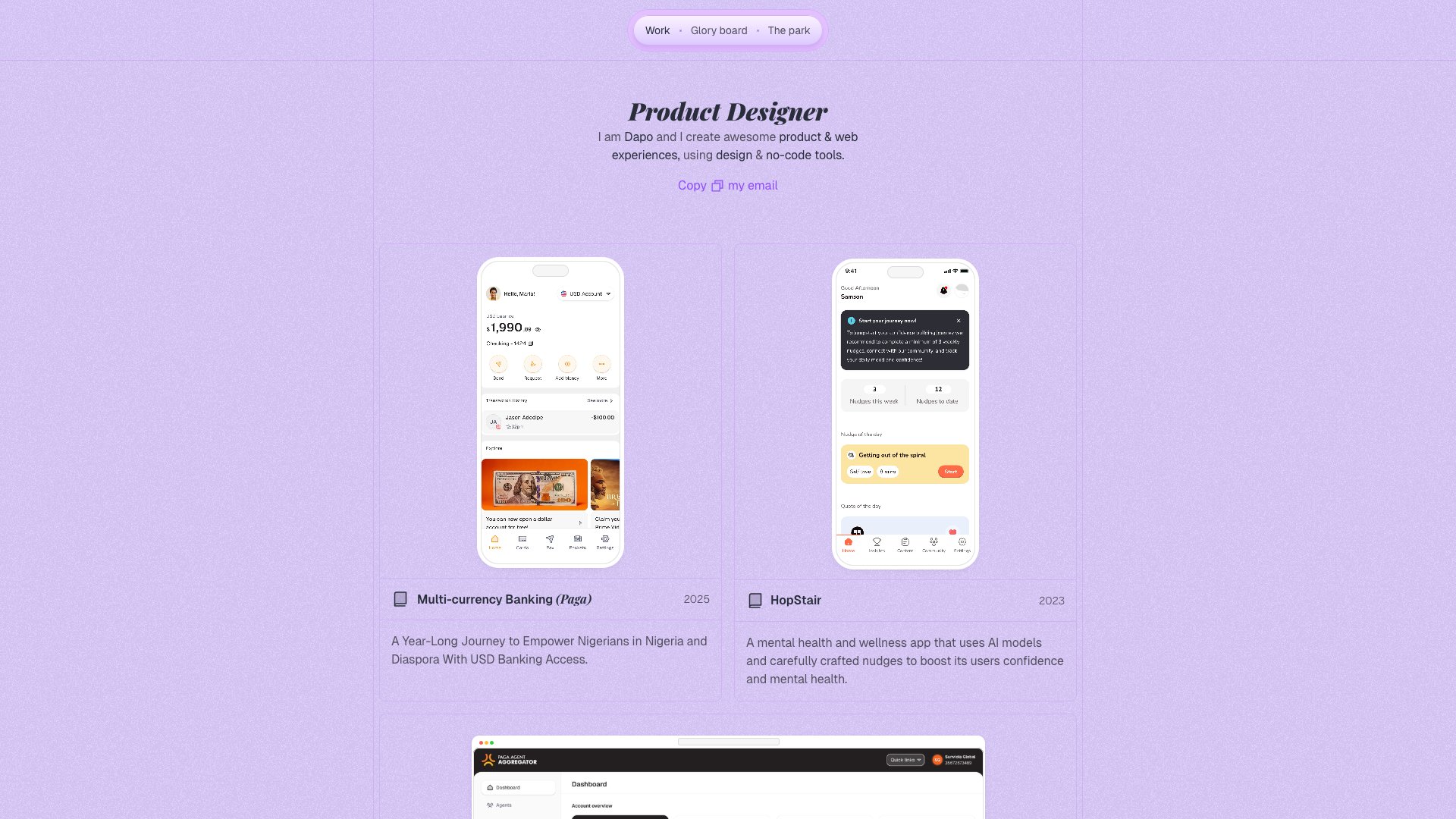 Oladapo Awosika - Product Designer at Paga portfolio website screenshot 2026
