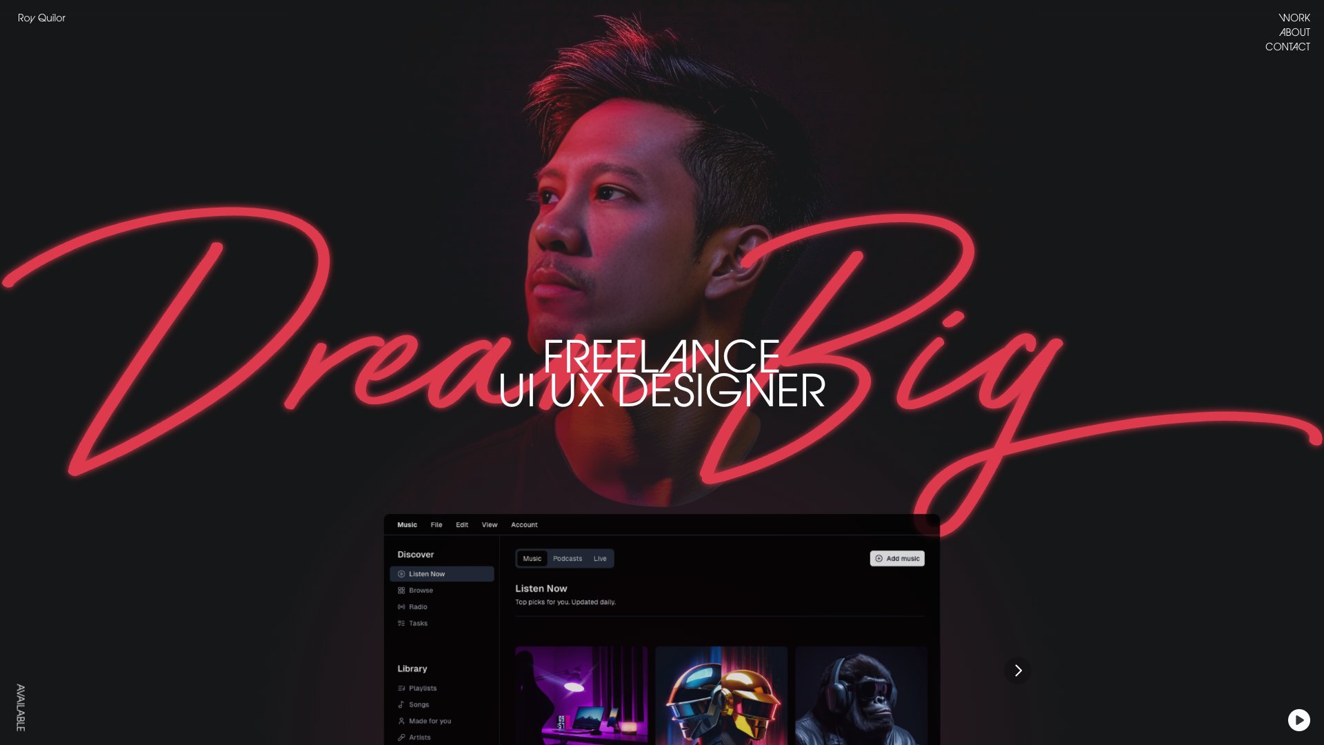 Roy Quilor - Freelance UI/UX Designer portfolio website screenshot 2026