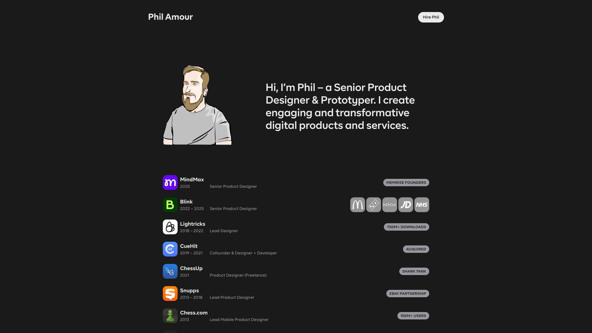 Phil Amour - Designer portfolio website screenshot 2026