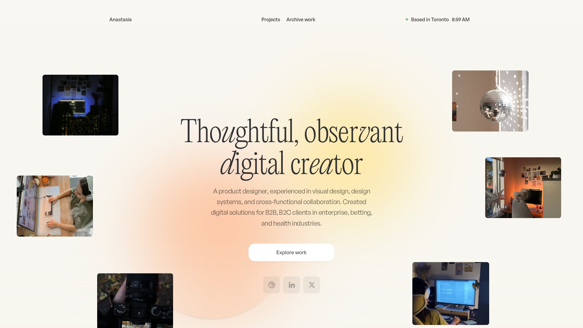 Anastasia Vysotska - Designer portfolio website screenshot 2026