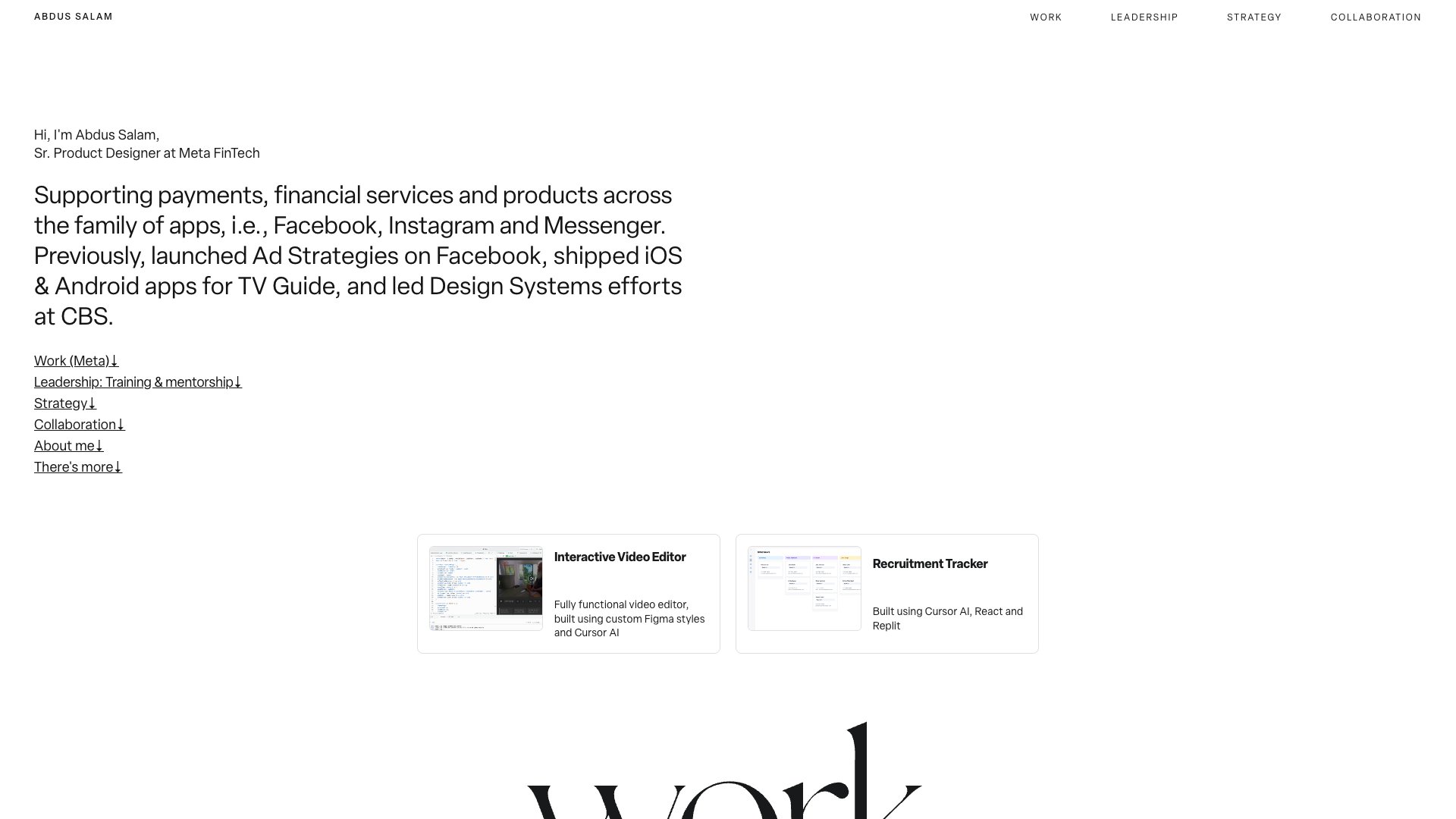 Abdus Salam - Sr. Product Designer at Meta FinTech portfolio website screenshot 2026