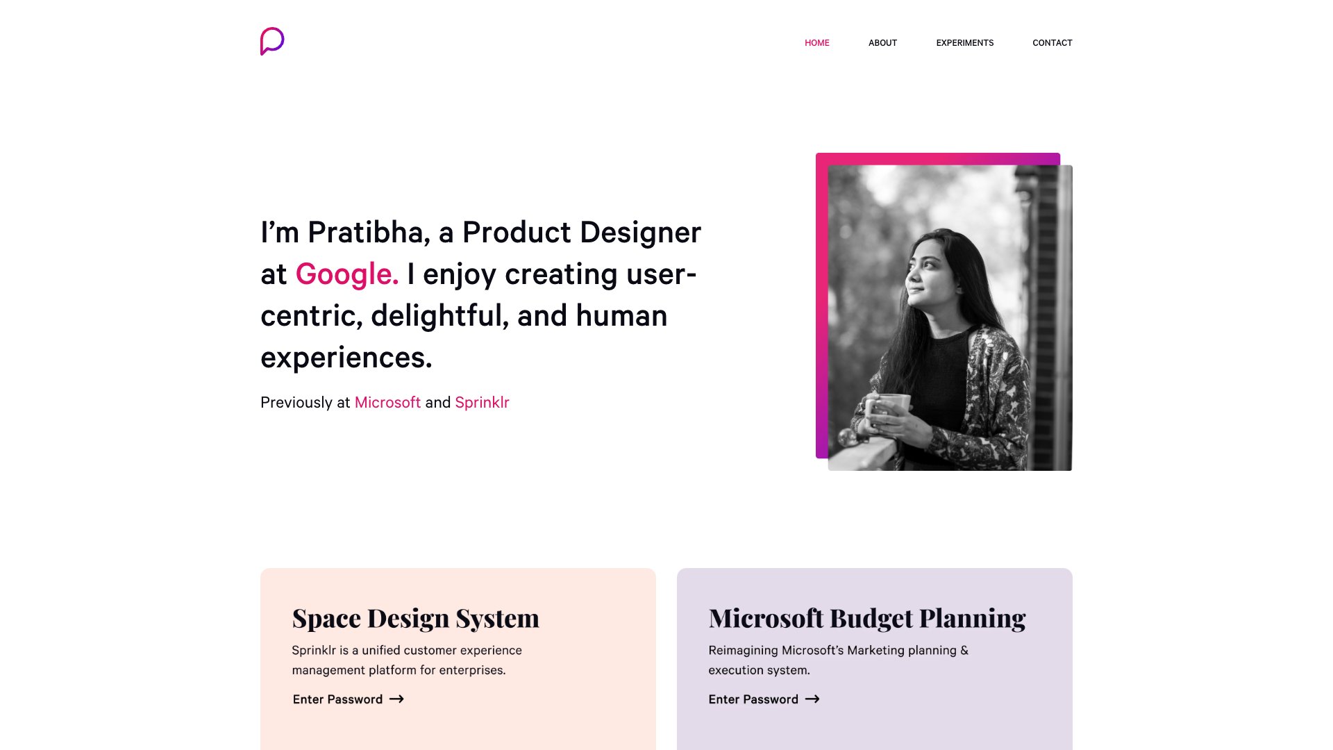 Pratibha Joshi - Product Designer at Google portfolio website screenshot 2026